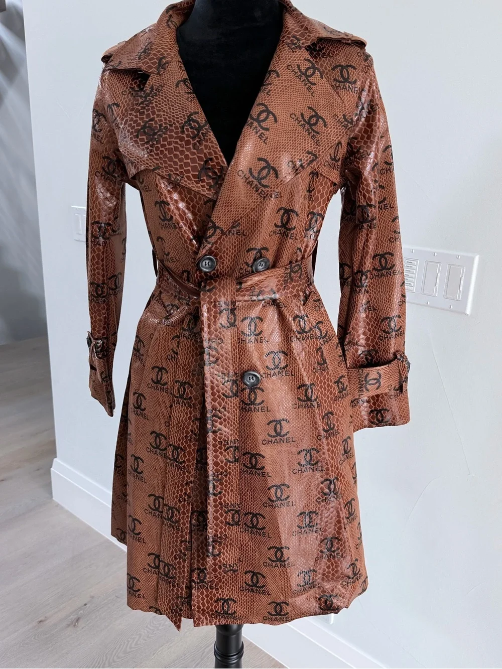 Gorgeous Faux Leather Brown Logo-Print Trench Coat size S